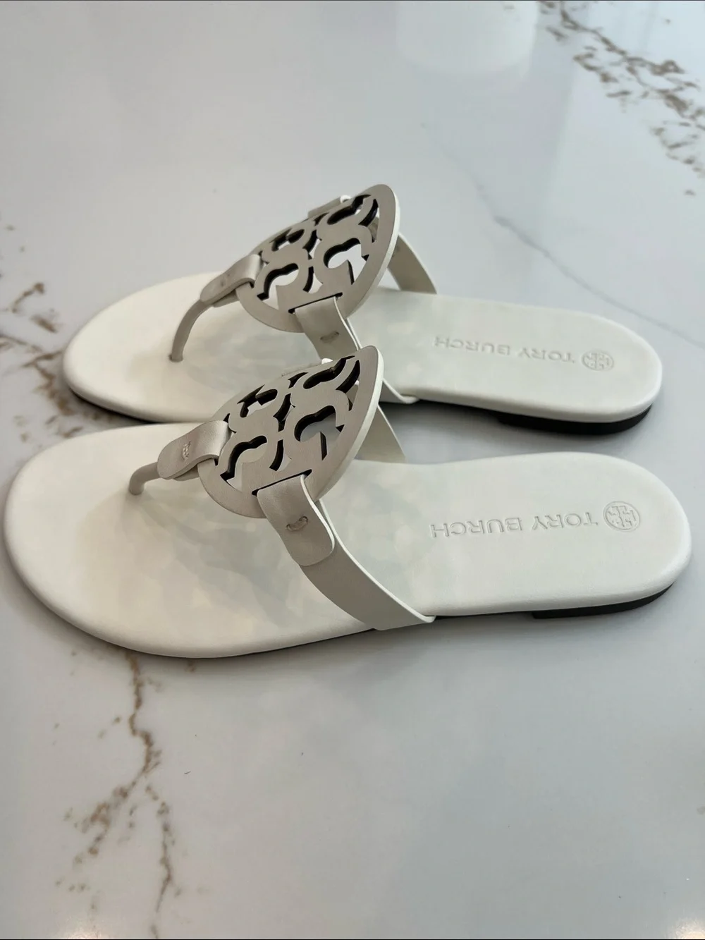 Tory Burch White Logo Cutout Thong Sandals